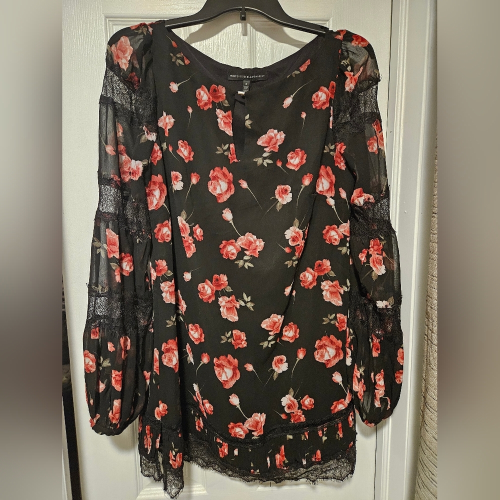 Womens WHBM White House Black Market Lace Cutput Sleeve Blouse Top